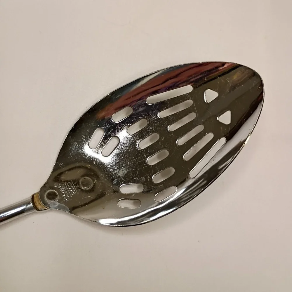 Vintage Ekco Slotted Serving Spoon Chromium Plated Black Plastic Handle‎ USA 12